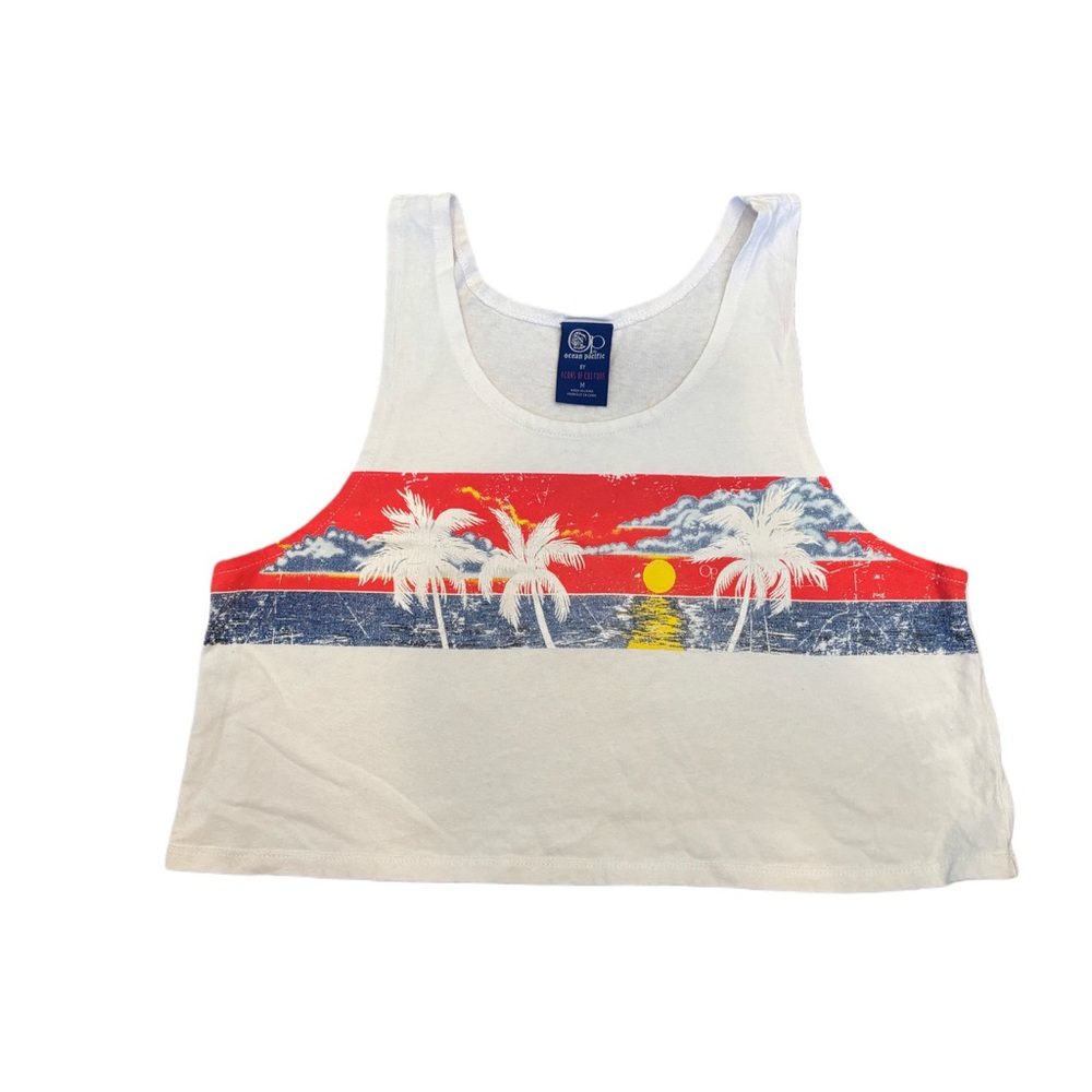 Retro White Crop Tank with Tropical Print
